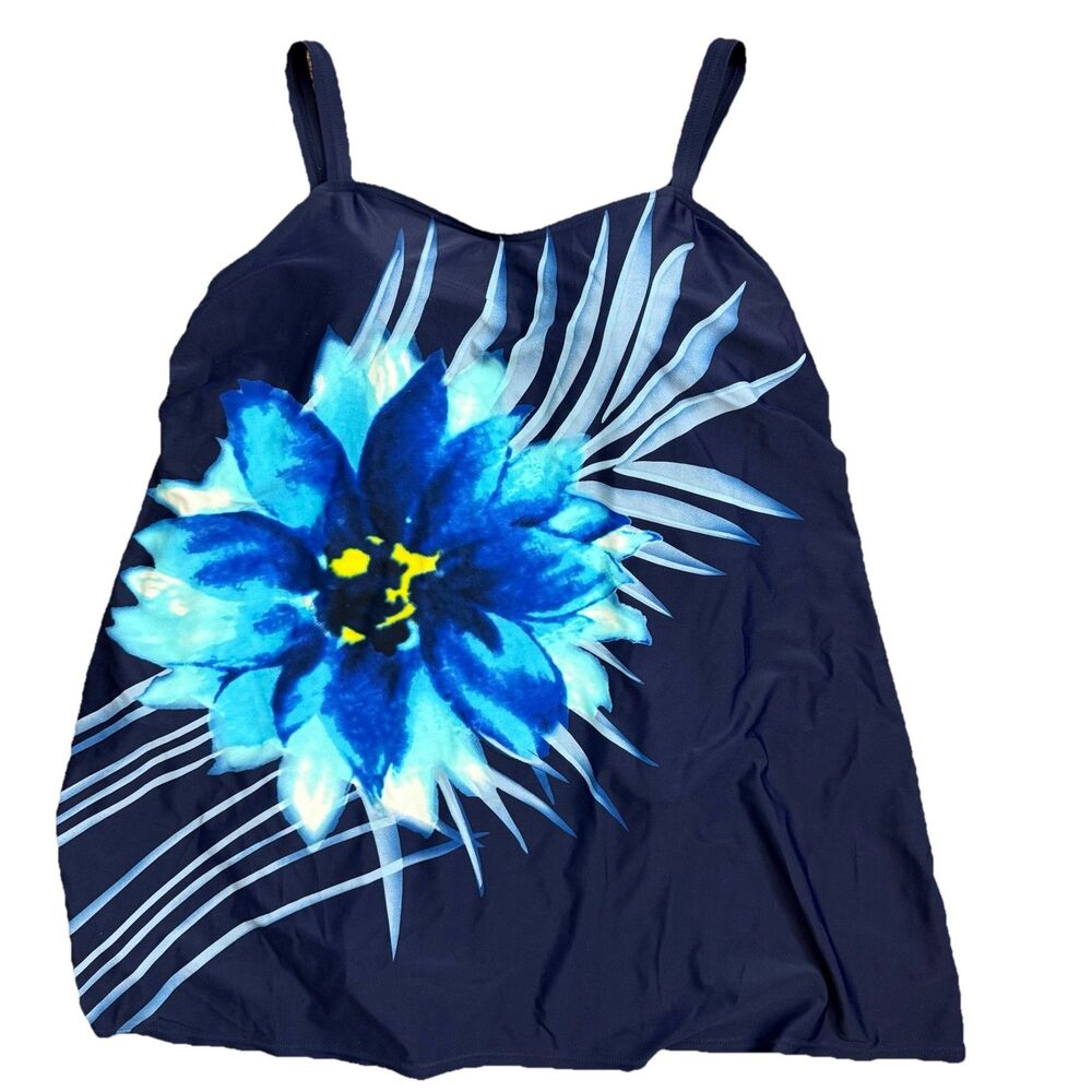 Avenue Women's Plus Size 18 One Piece Swim Dress Blue With Flower